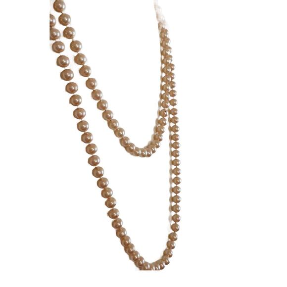 Vintage Cream Champagne Knotted Faux Pearl Necklace, Extra Long, 52" Long - Picture 6 of 11